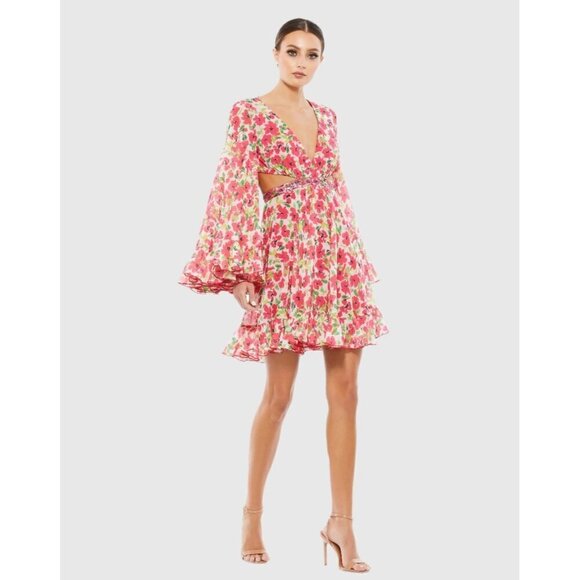 Mac Duggal Dresses & Skirts - Mac Duggal Size 0 Pink Floral 9158 Bell Sleeve Mini Cocktail Party Dress New